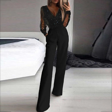 Black V-Neck Mesh Sequins Jumpsuit