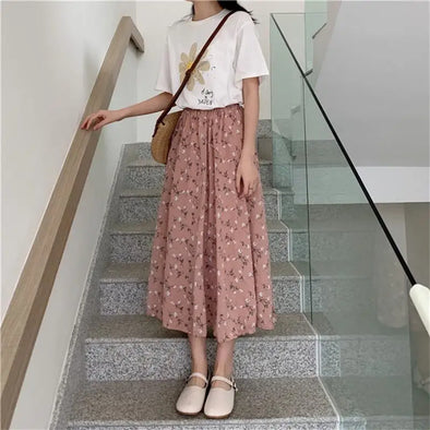 Vintage Floral Print A-line Pleated Long Skirt