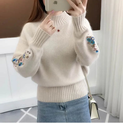 Stand Collar Solid Color Embroidery Sweater